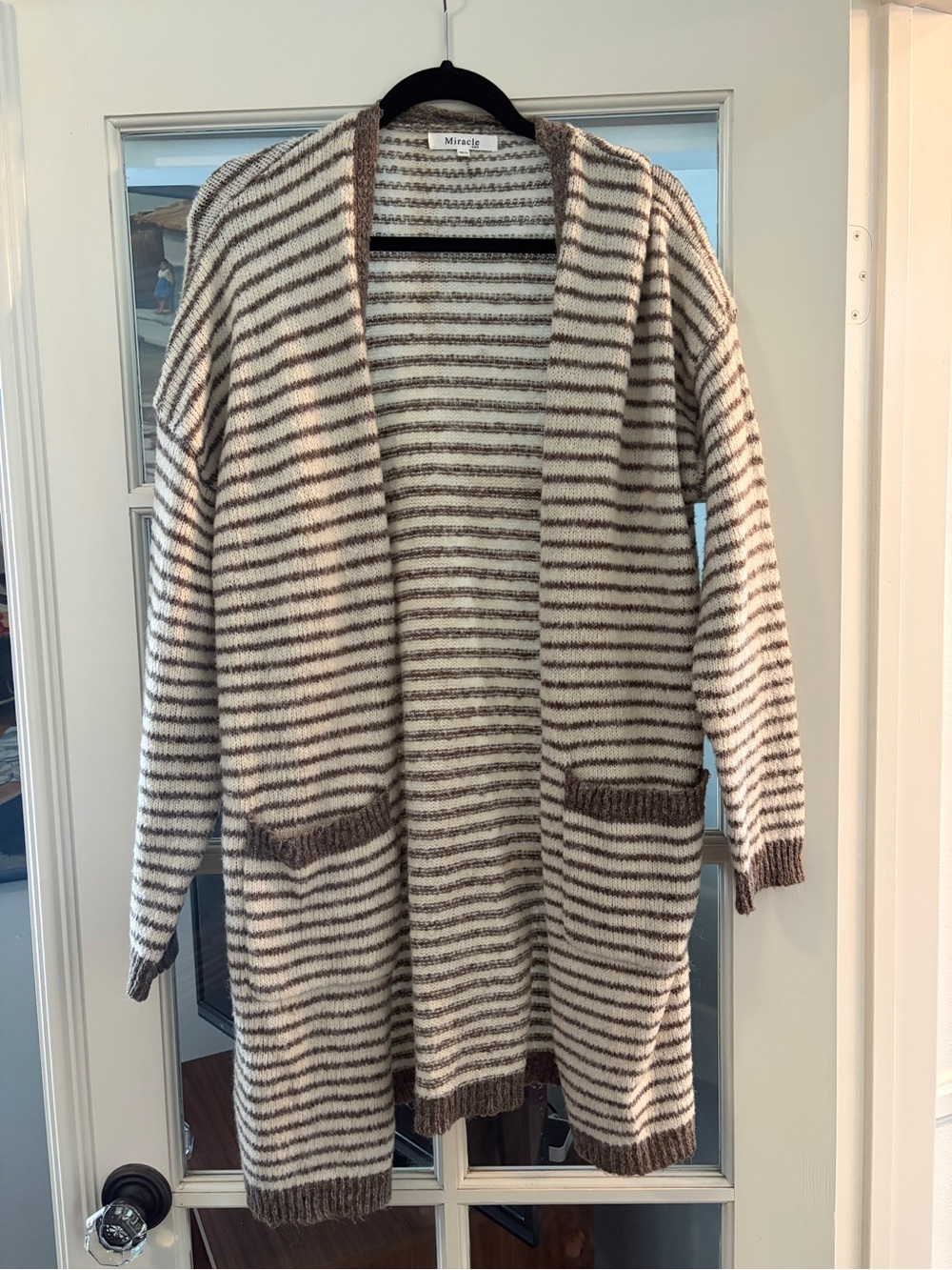 Miracle Striped Open-Front Long Duster Cardigan in Cream and Brown